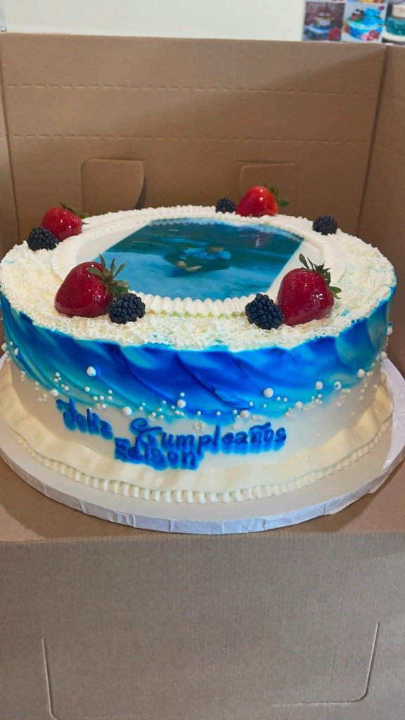 Custom blue themed tres leches birthday cake in Orange NJ